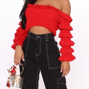 Red Ruffle Cropped Sweater